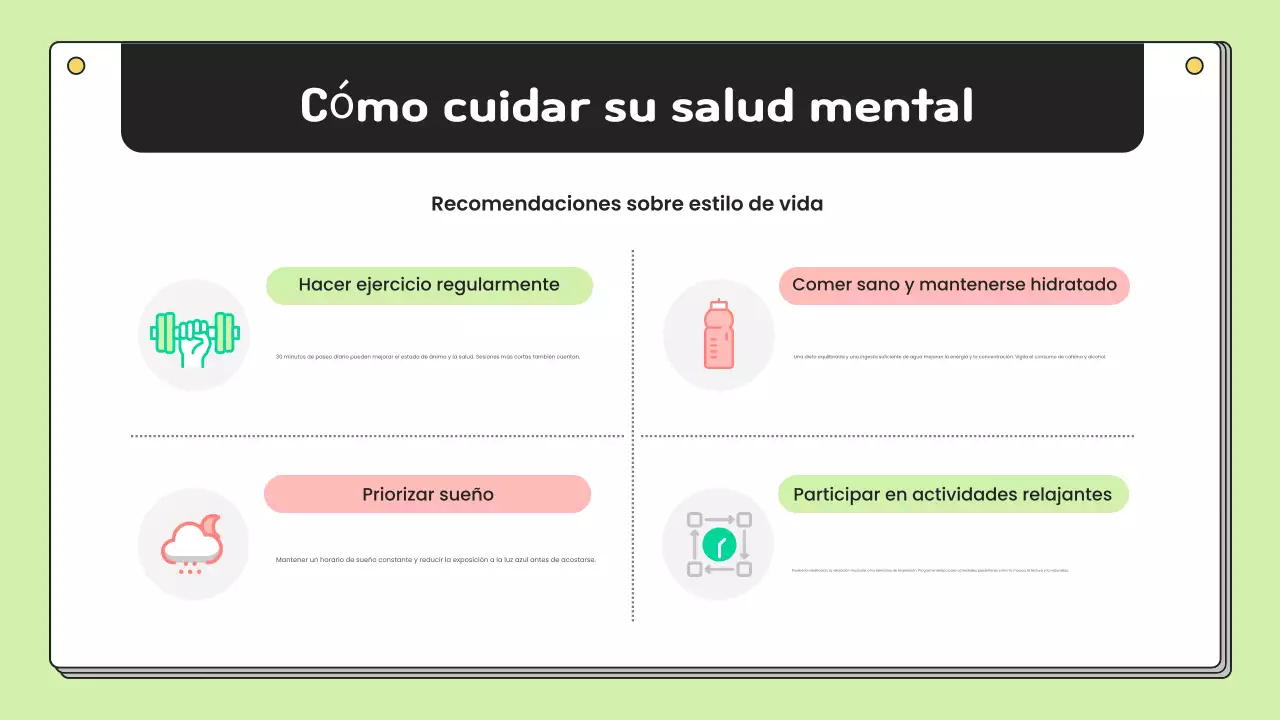 Materiales sencillos de educación para la prevención de la salud mental en chartreuse y blanco