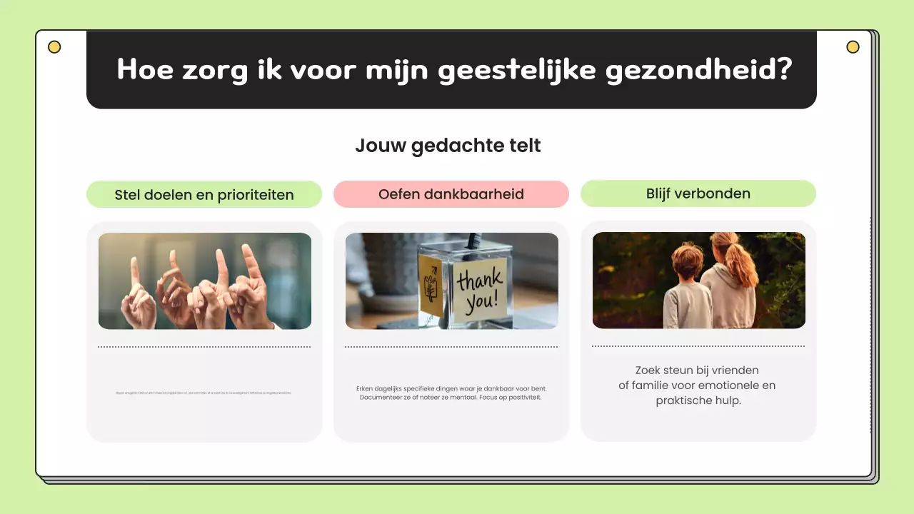 Eenvoudig voorlichtingsmateriaal over geestelijke gezondheid in chartreuse en wit