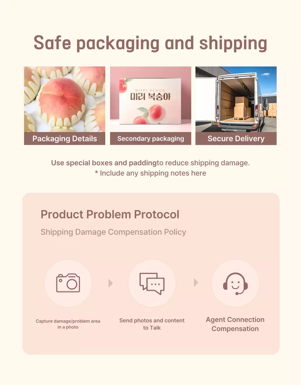 Promosikan buah persik segar berwarna kuning dan merah muda dengan informasi dan tindakan pencegahan