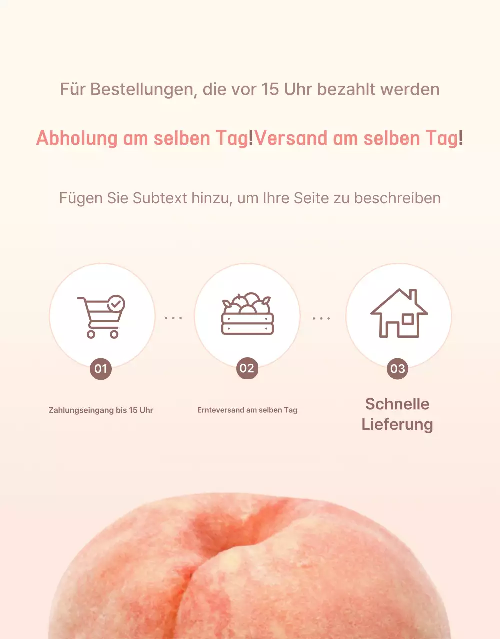 Werbung für den gelben und rosafarbenen frischen Pfirsich mit Informationen und Vorsichtsmaßnahmen