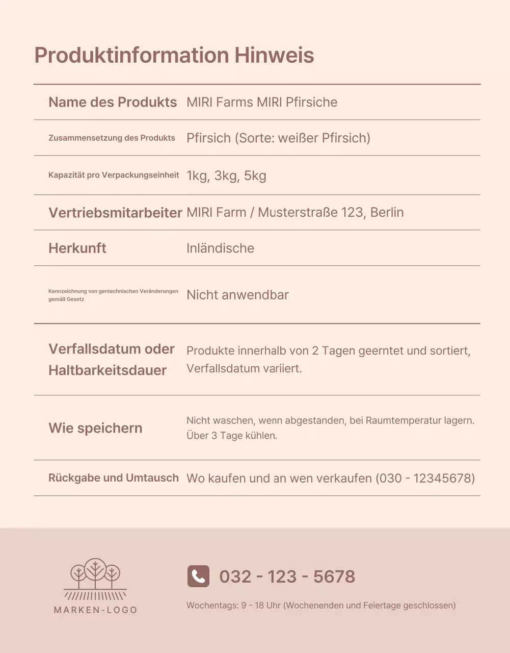 Werbung für den gelben und rosafarbenen frischen Pfirsich mit Informationen und Vorsichtsmaßnahmen