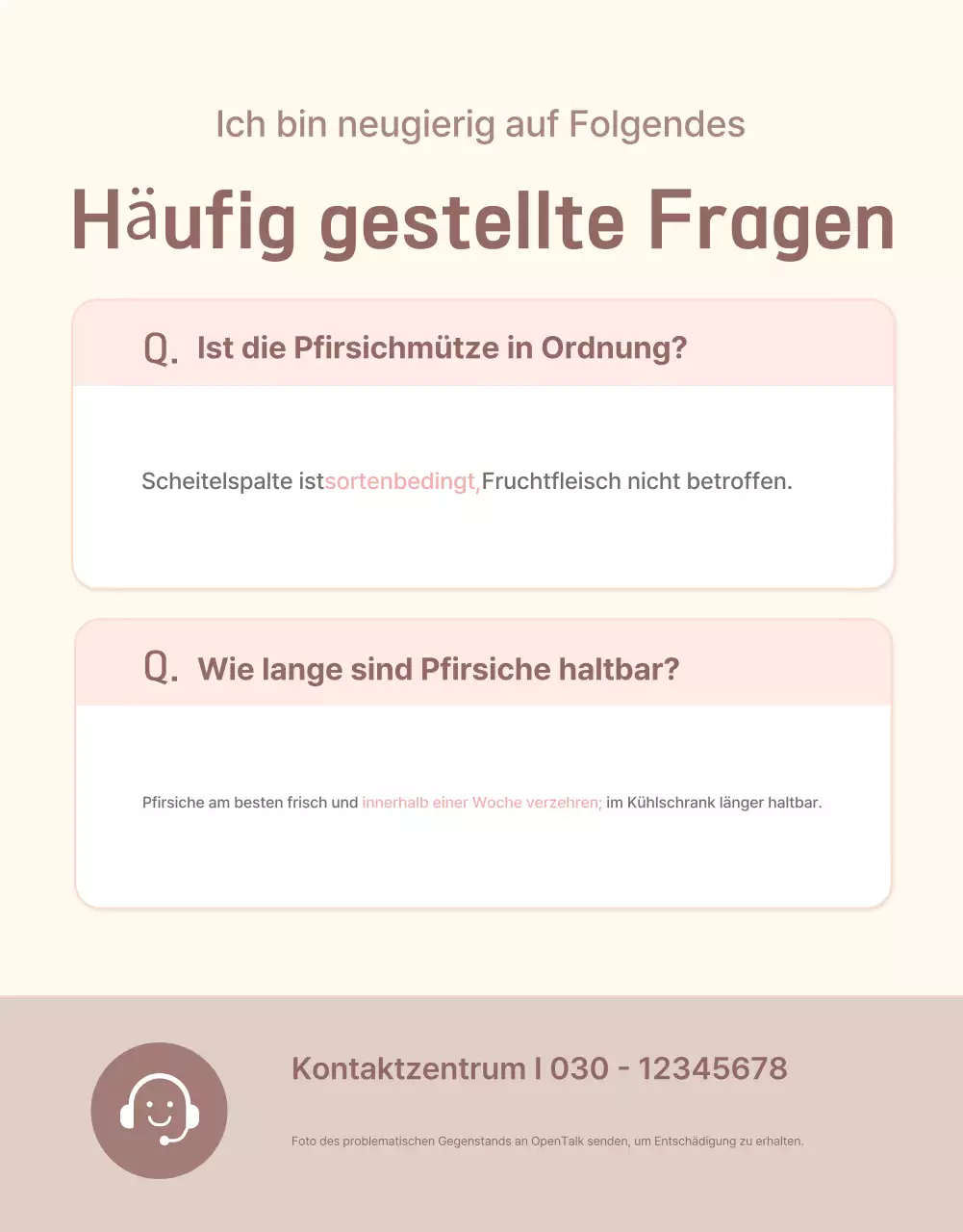 Werbung für den gelben und rosafarbenen frischen Pfirsich mit Informationen und Vorsichtsmaßnahmen