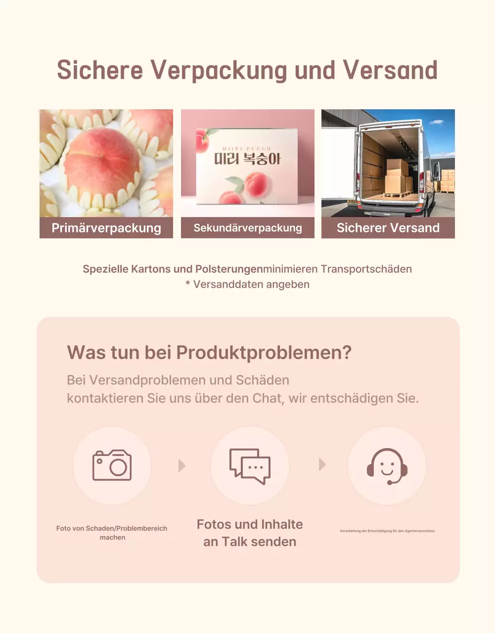 Werbung für den gelben und rosafarbenen frischen Pfirsich mit Informationen und Vorsichtsmaßnahmen