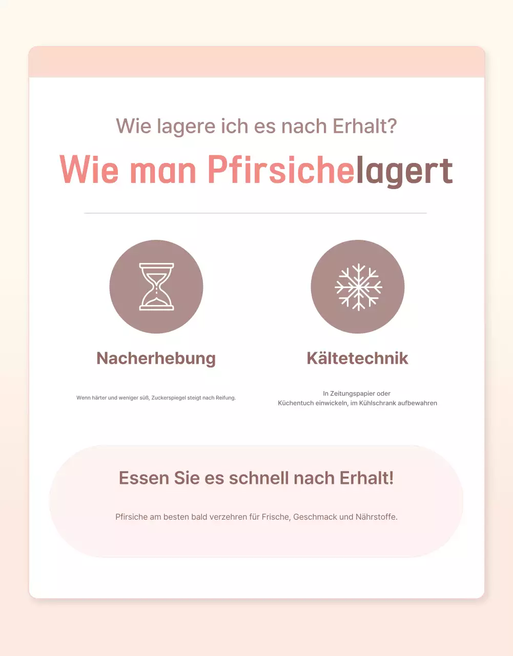 Werbung für den gelben und rosafarbenen frischen Pfirsich mit Informationen und Vorsichtsmaßnahmen