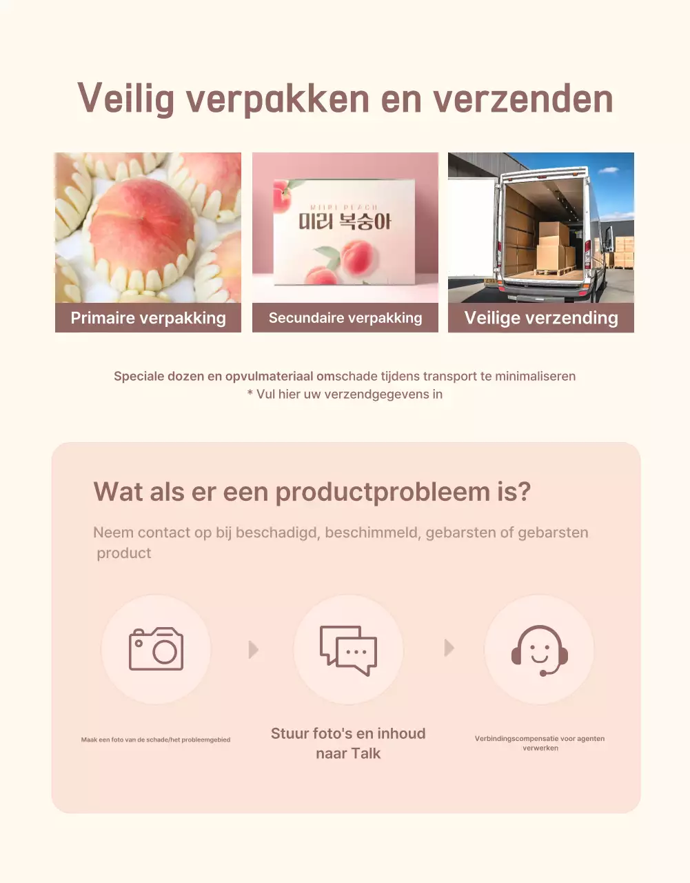 Promoot de gele en roze verse perzik met informatie en voorzorgsmaatregelen