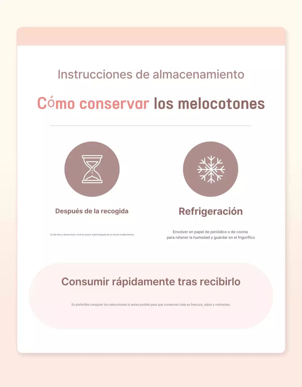 Promocionar el melocotón fresco amarillo y rosa con información y precauciones