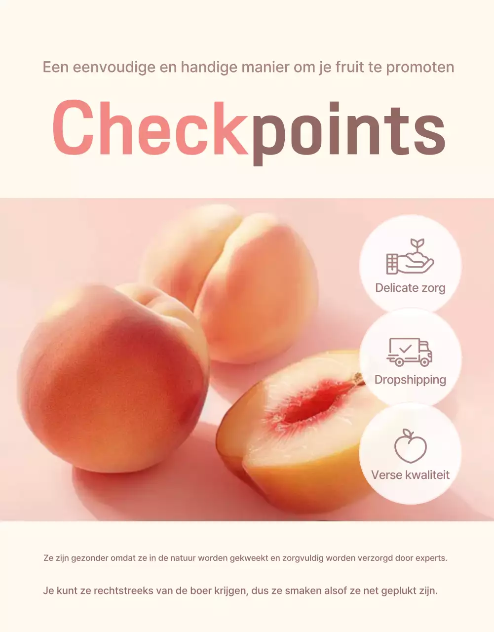 Promoot de verkoop van een verse perzikcontrolepost in geel en roze