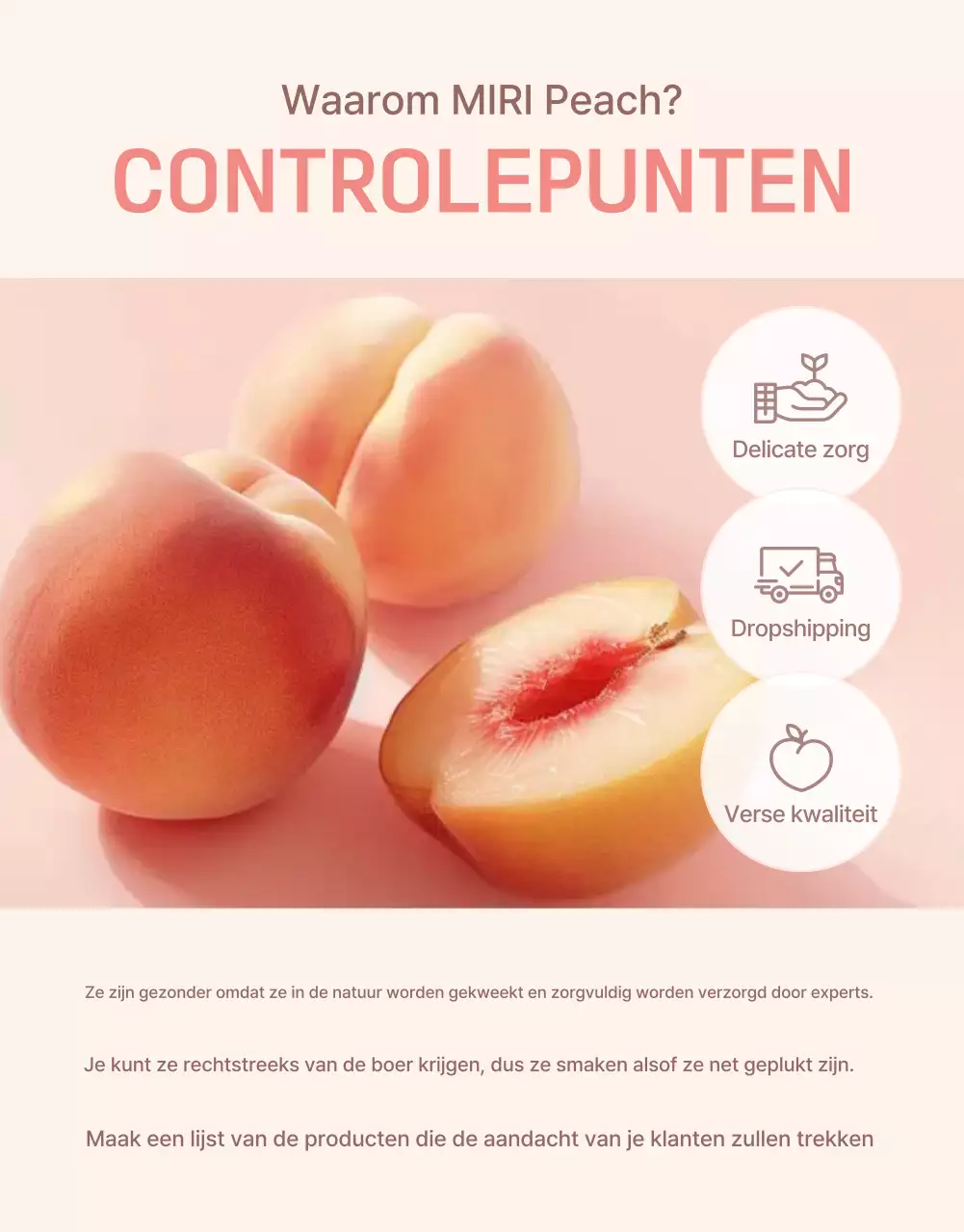 Promoot de verkoop van een verse perzikcontrolepost in geel en roze