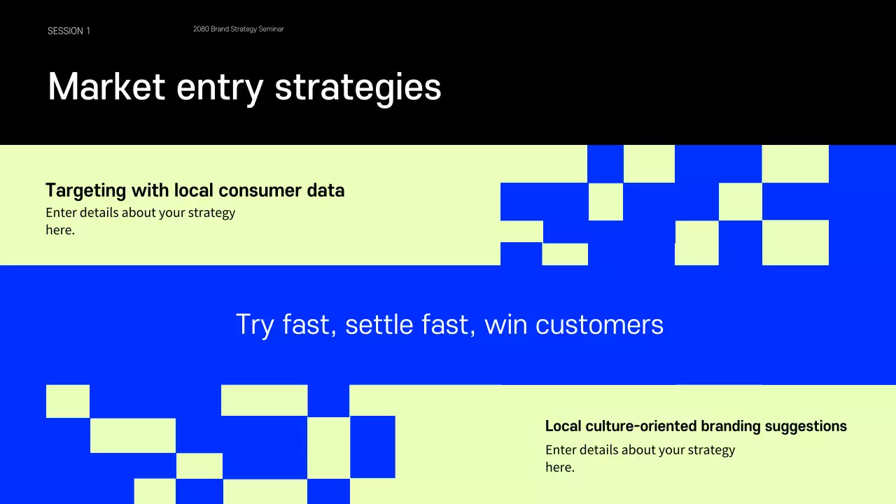 Apresentação que partilha exemplos de pequenas marcas que são tendência em azul e chartreuse