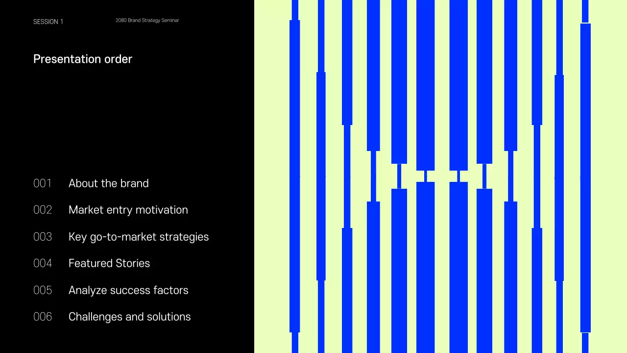 Apresentação que partilha exemplos de pequenas marcas que são tendência em azul e chartreuse