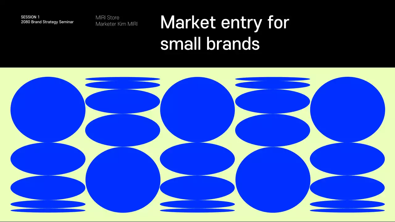 Apresentação que partilha exemplos de pequenas marcas que são tendência em azul e chartreuse