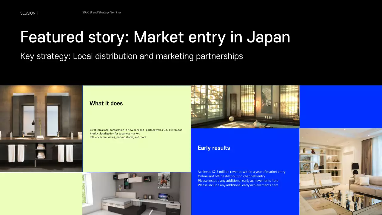 Apresentação que partilha exemplos de pequenas marcas que são tendência em azul e chartreuse