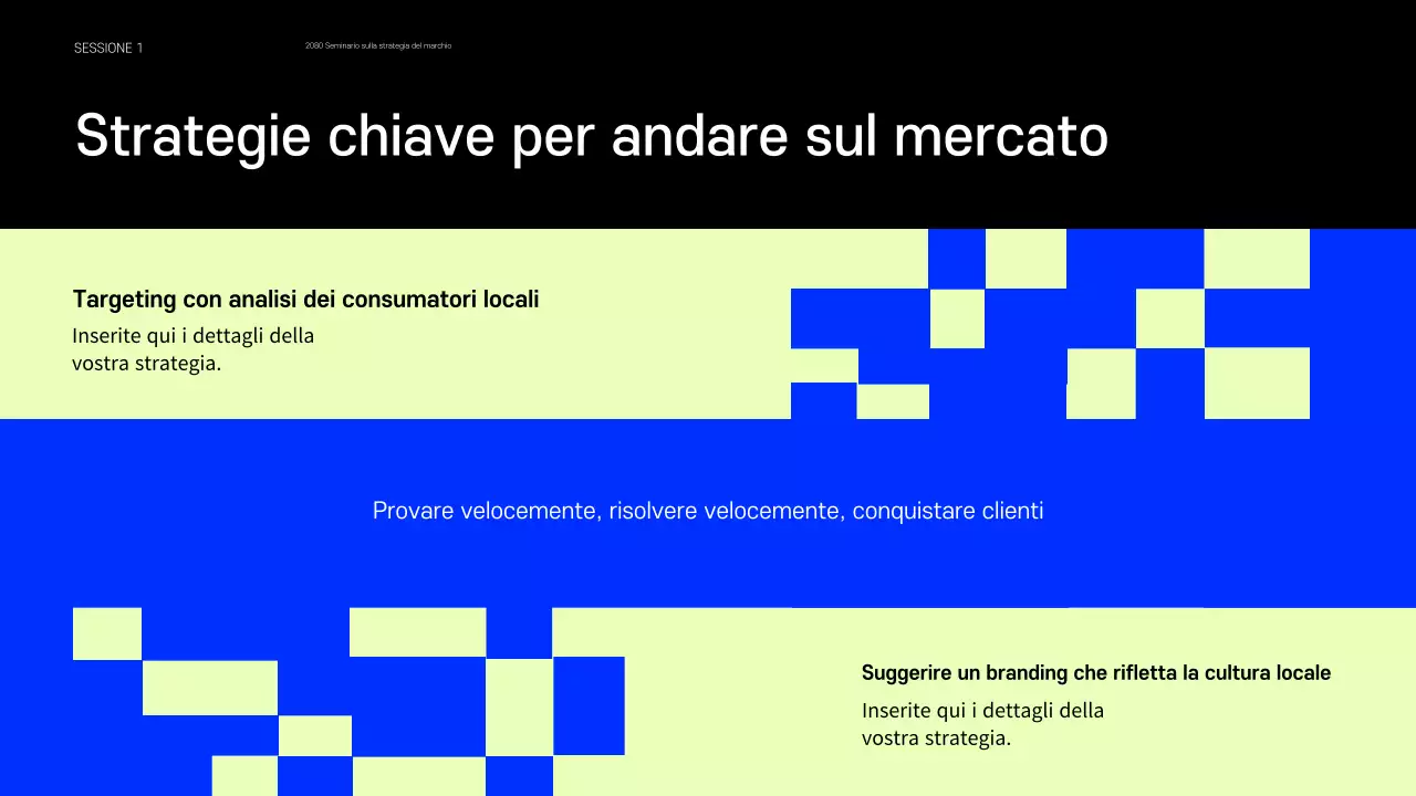 Presentazione che condivide esempi di piccoli marchi che fanno tendenza in blu e chartreuse