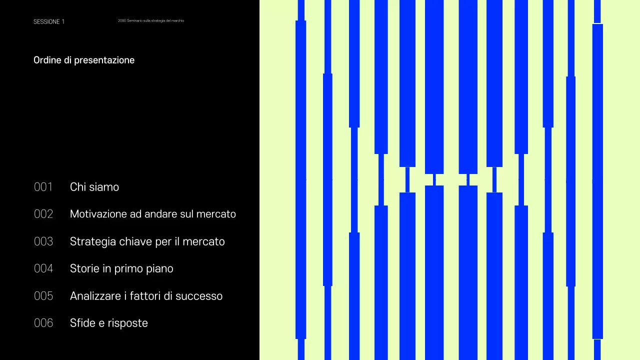 Presentazione che condivide esempi di piccoli marchi che fanno tendenza in blu e chartreuse