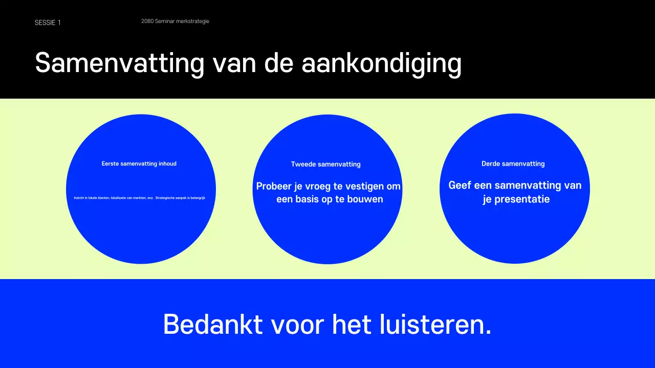 Presentatie met voorbeelden van kleine merken in blauw en chartreuse