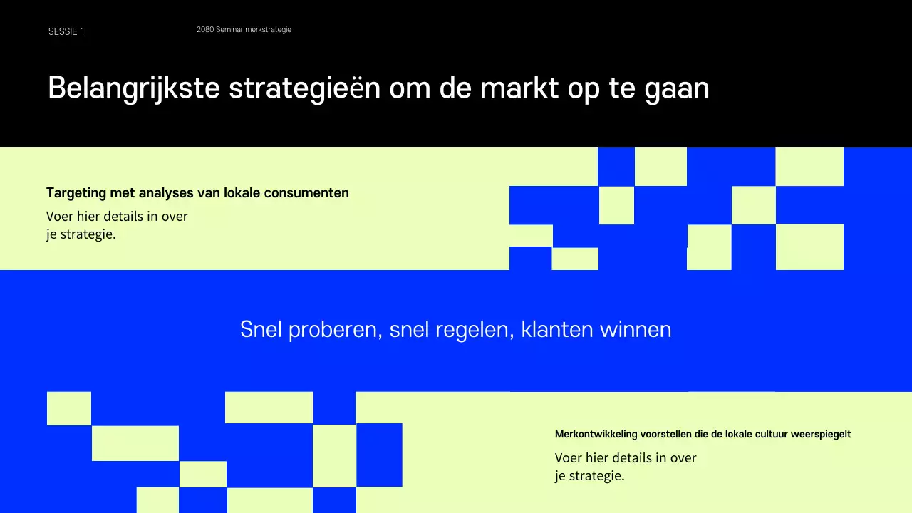 Presentatie met voorbeelden van kleine merken in blauw en chartreuse