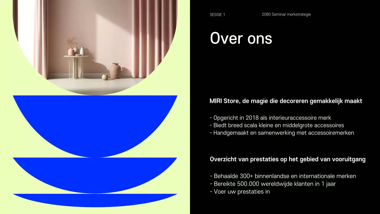 Presentatie met voorbeelden van kleine merken in blauw en chartreuse