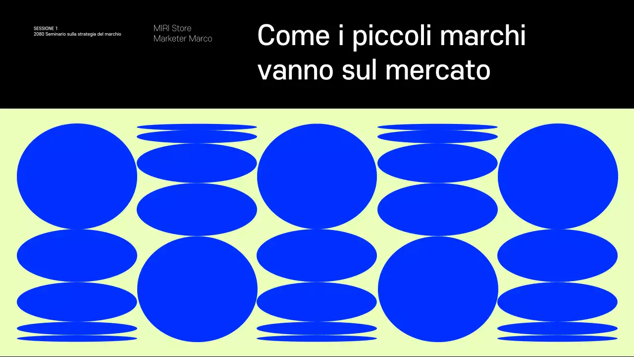 Presentazione che condivide esempi di piccoli marchi che fanno tendenza in blu e chartreuse