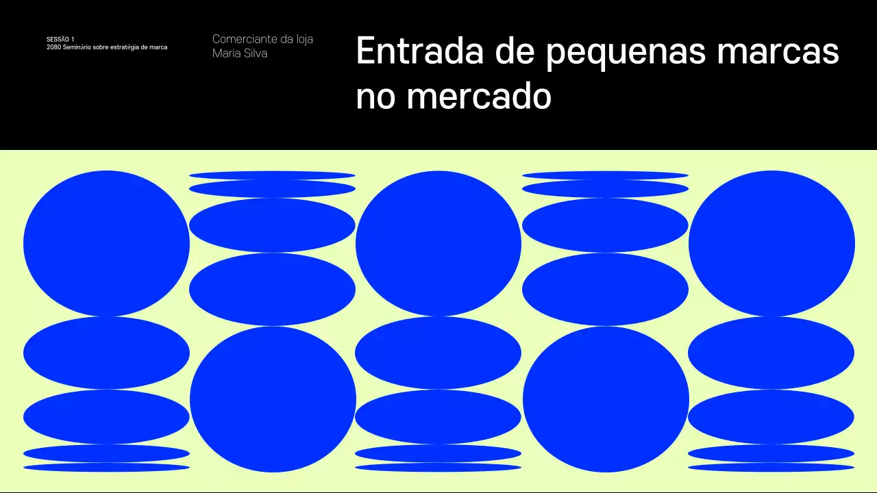 Apresentação que partilha exemplos de pequenas marcas que são tendência em azul e chartreuse