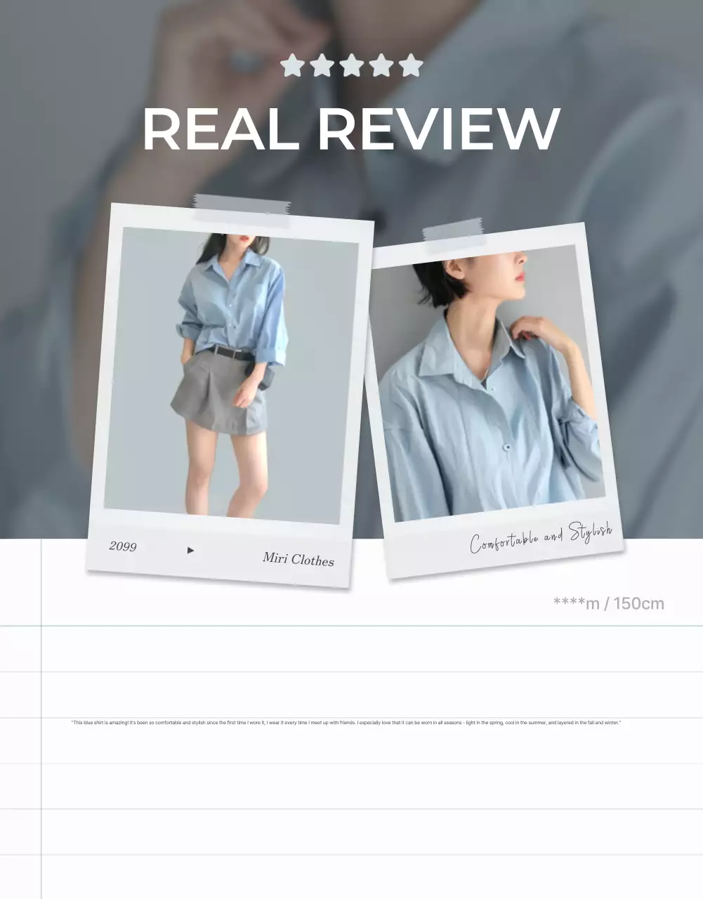 Mempromosikan acara ulasan mode minimalis dengan warna biru muda dan abu-abu