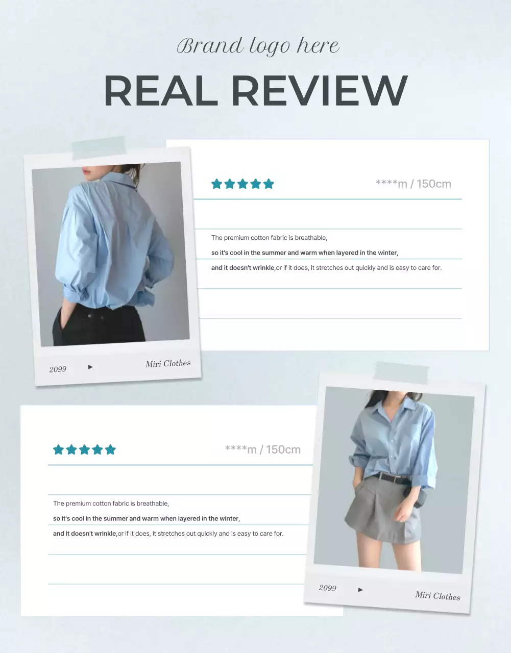 Mempromosikan acara ulasan mode minimalis dengan warna biru muda dan abu-abu