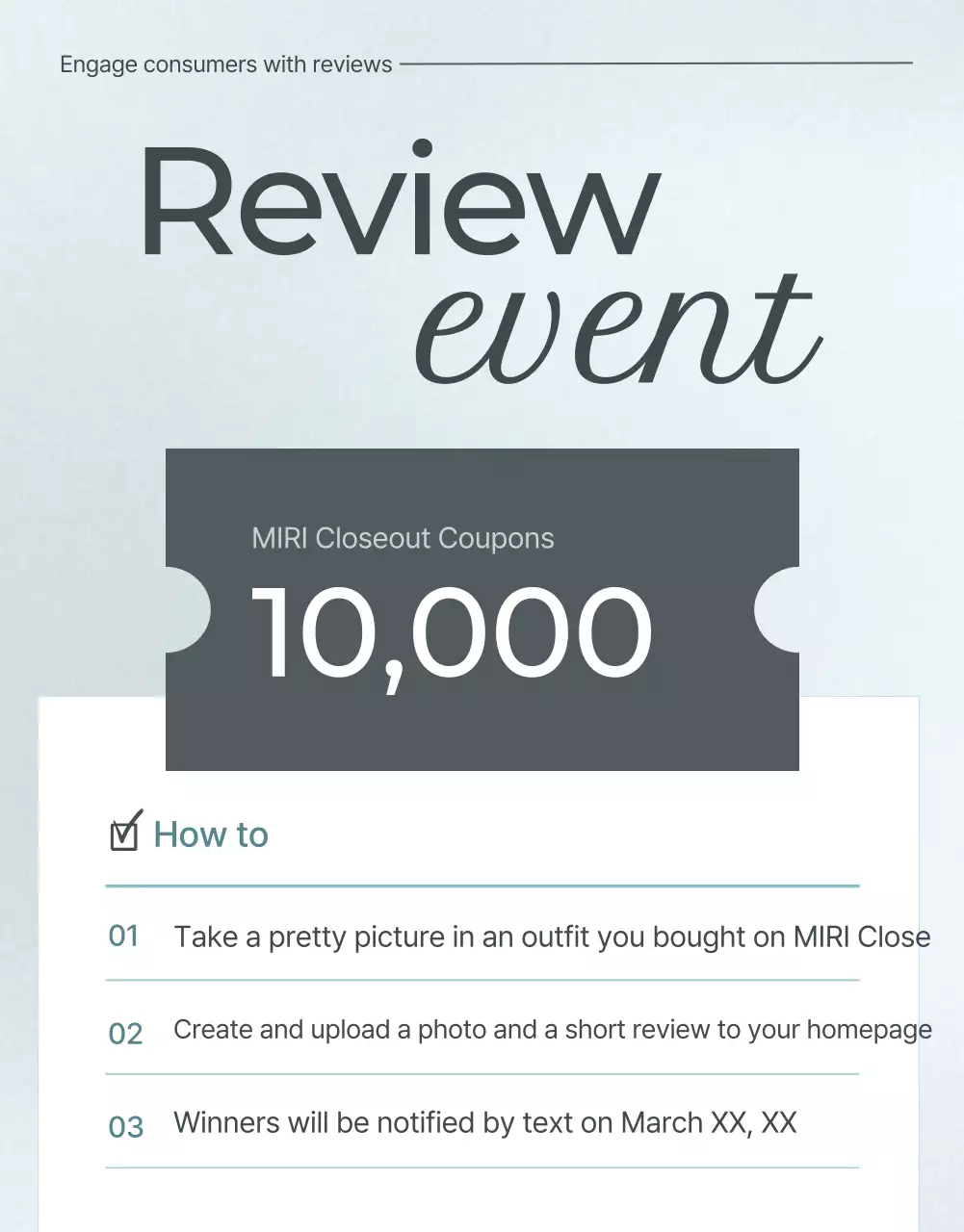 Promote a minimalist fashion review event in light blue and gray