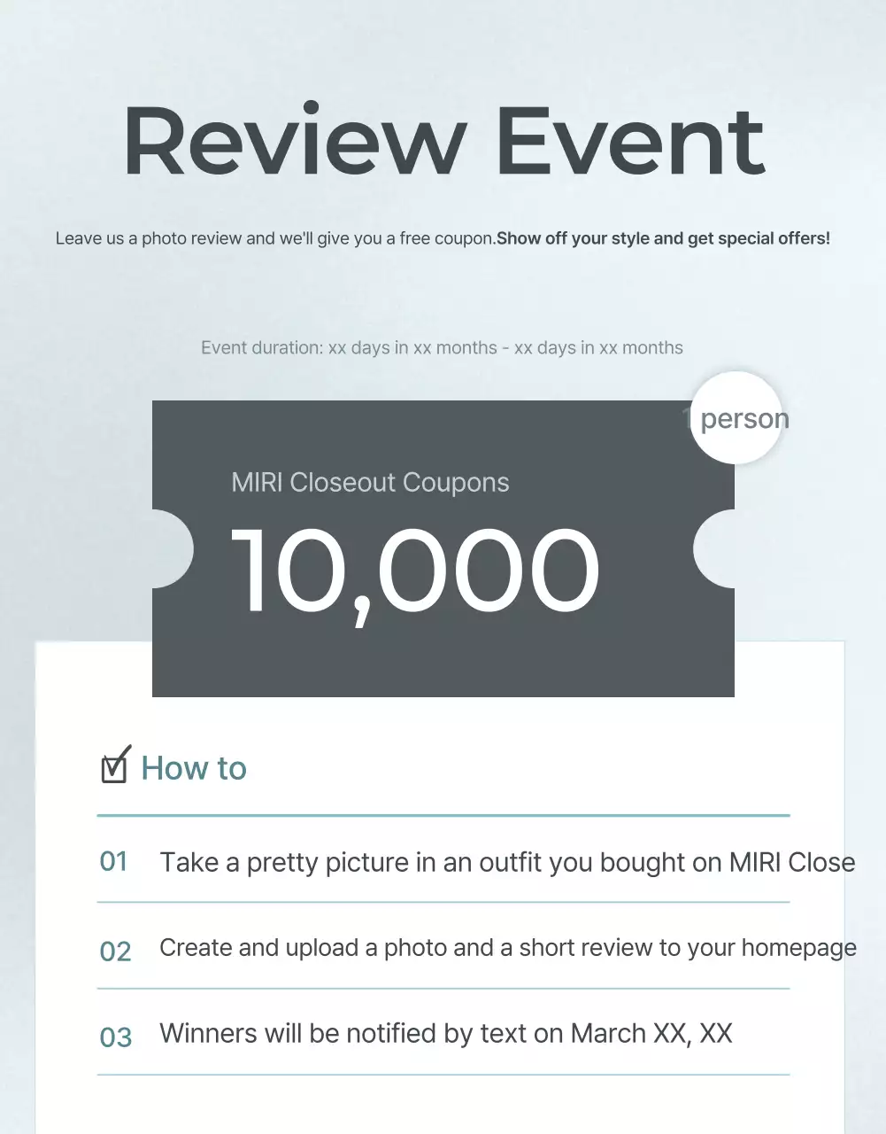 Mempromosikan acara ulasan mode minimalis dengan warna biru muda dan abu-abu