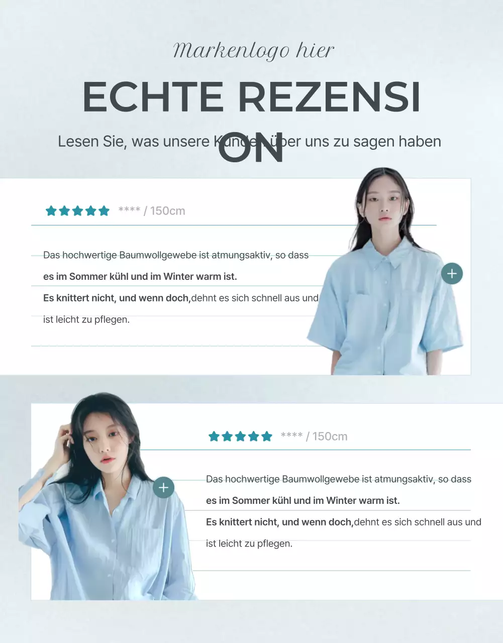 Werbung für eine minimalistische Moderevue in Hellblau und Grau