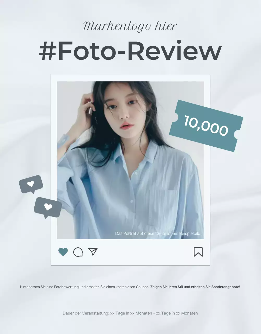 Werbung für eine minimalistische Moderevue in Hellblau und Grau