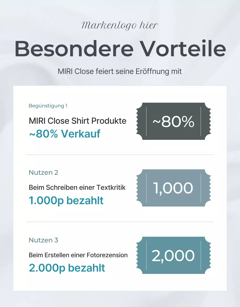 Werbung für eine minimalistische Moderevue in Hellblau und Grau