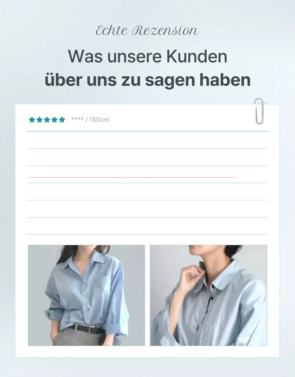 Werbung für eine minimalistische Moderevue in Hellblau und Grau