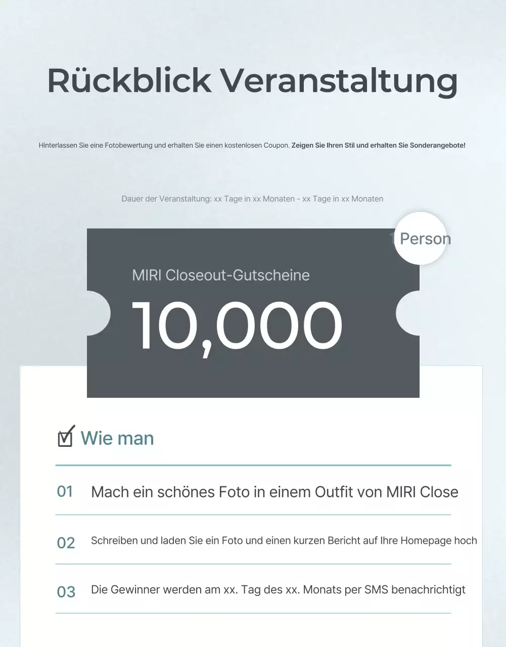 Werbung für eine minimalistische Moderevue in Hellblau und Grau