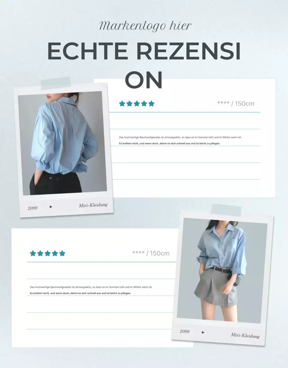 Werbung für eine minimalistische Moderevue in Hellblau und Grau