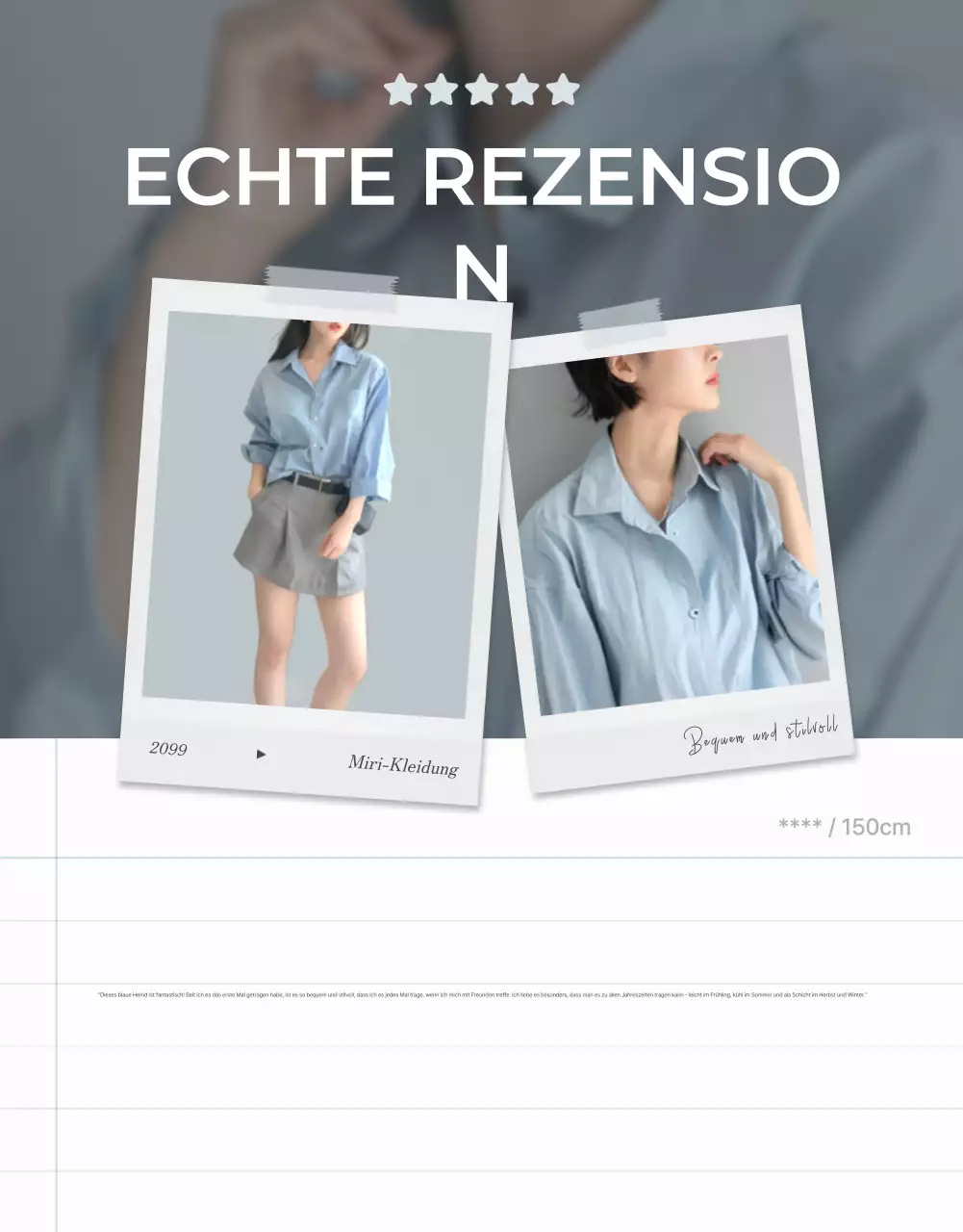 Werbung für eine minimalistische Moderevue in Hellblau und Grau