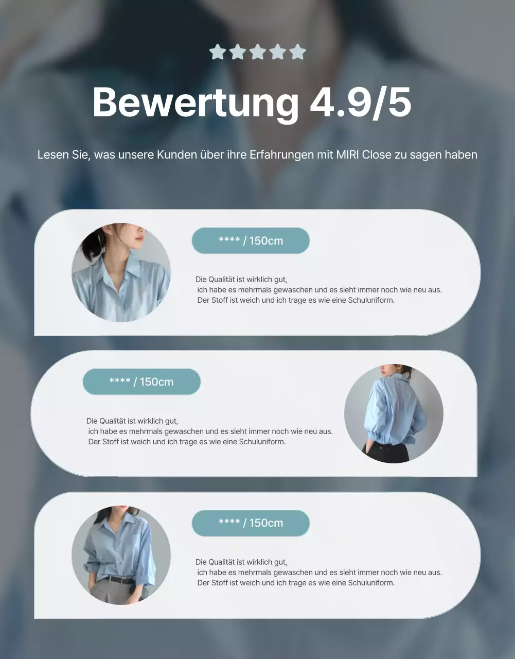 Werbung für eine minimalistische Moderevue in Hellblau und Grau