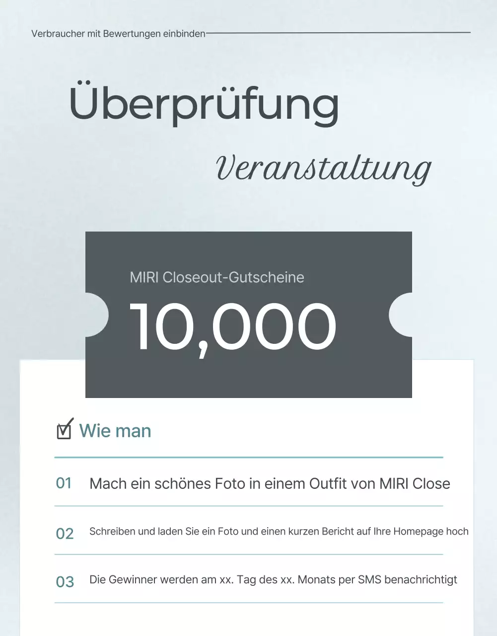 Werbung für eine minimalistische Moderevue in Hellblau und Grau
