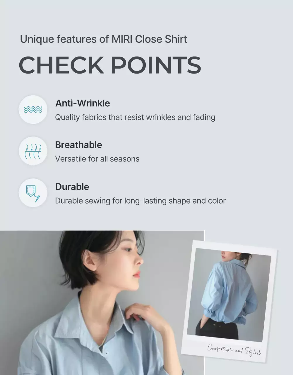 Quảng cáo trang chi tiết thời trang tối giản với màu xanh nhạt và xám