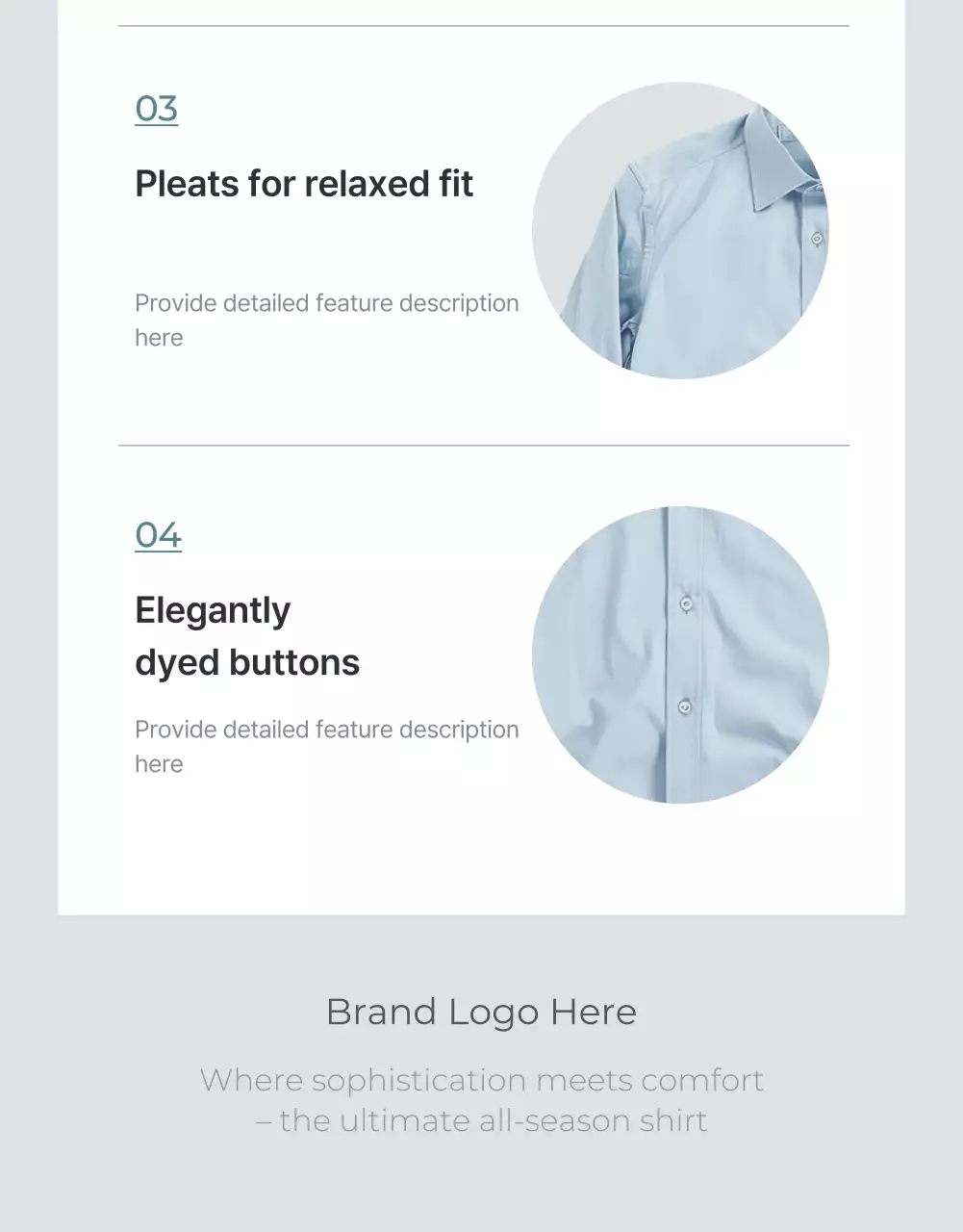 Quảng cáo trang chi tiết thời trang tối giản với màu xanh nhạt và xám