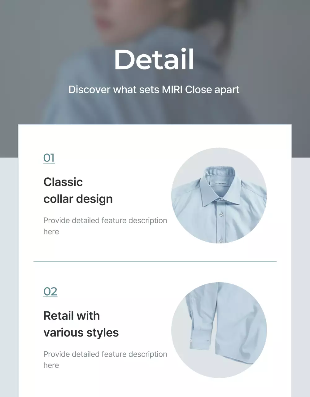 Quảng cáo trang chi tiết thời trang tối giản với màu xanh nhạt và xám