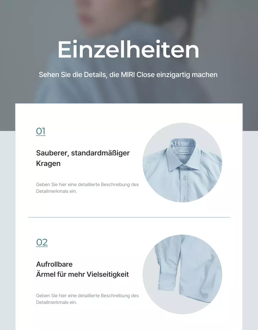 Werbung für eine minimalistische Modedetailseite in Hellblau und Grau