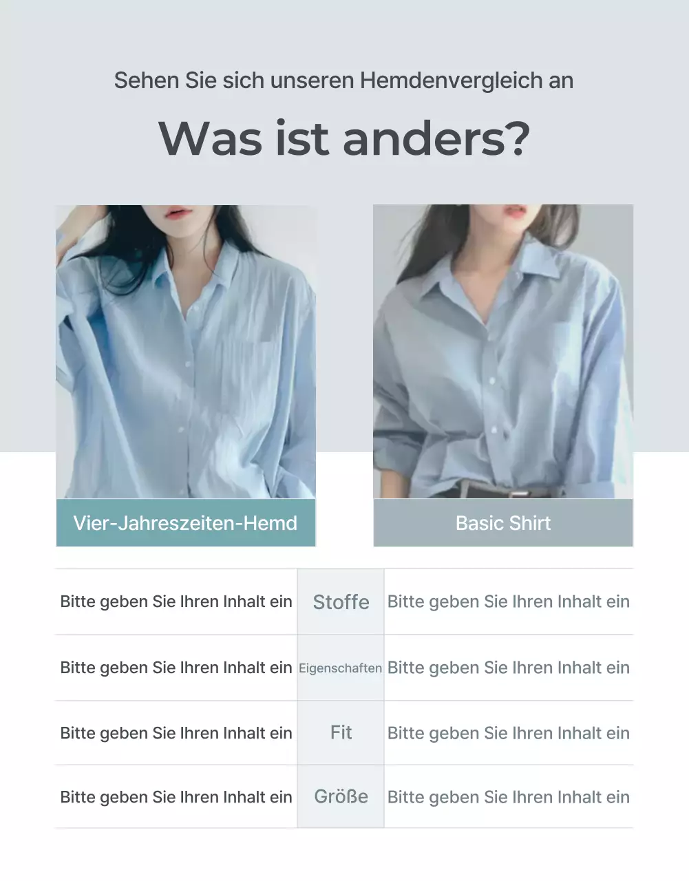 Werbung für eine minimalistische Modedetailseite in Hellblau und Grau