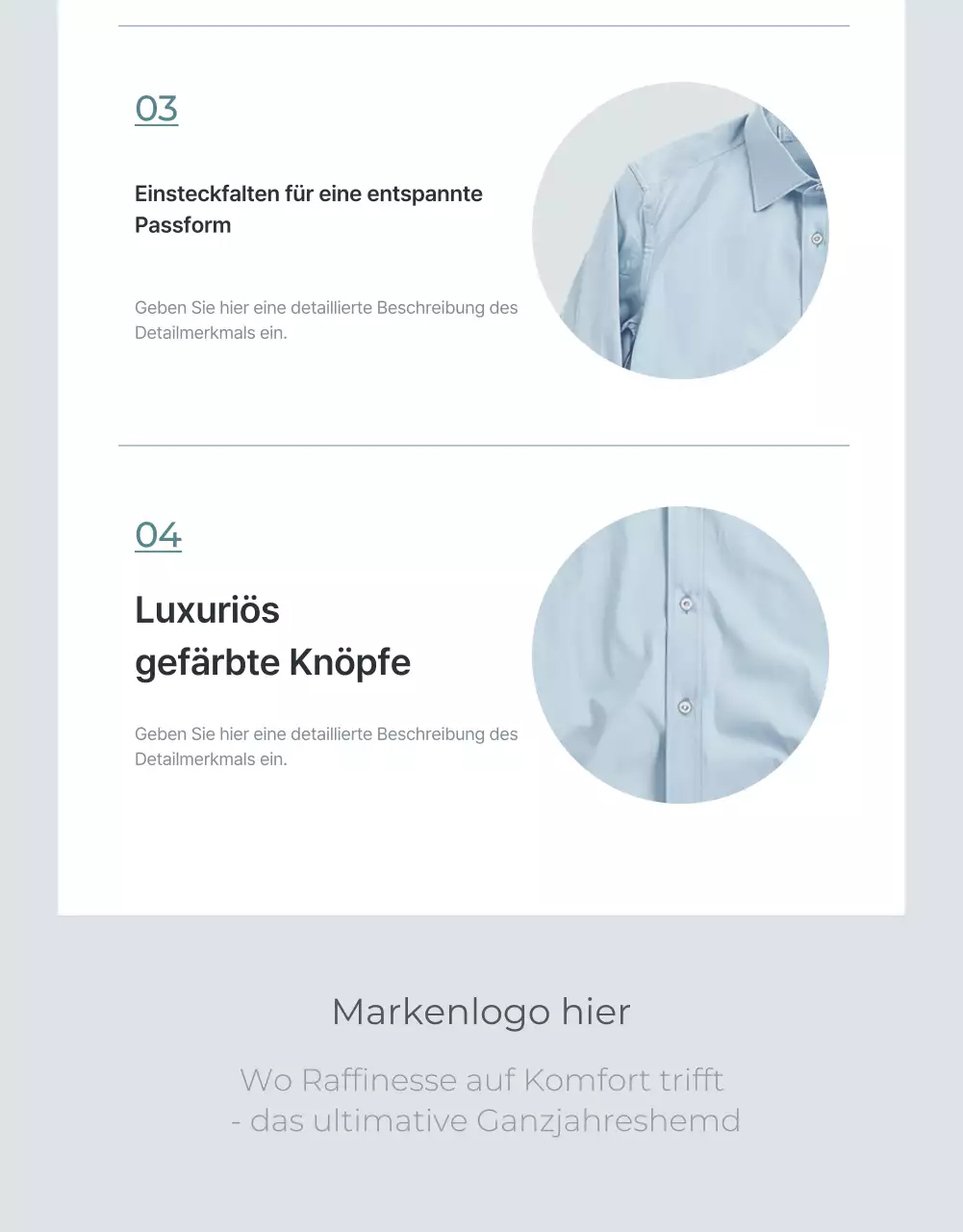 Werbung für eine minimalistische Modedetailseite in Hellblau und Grau