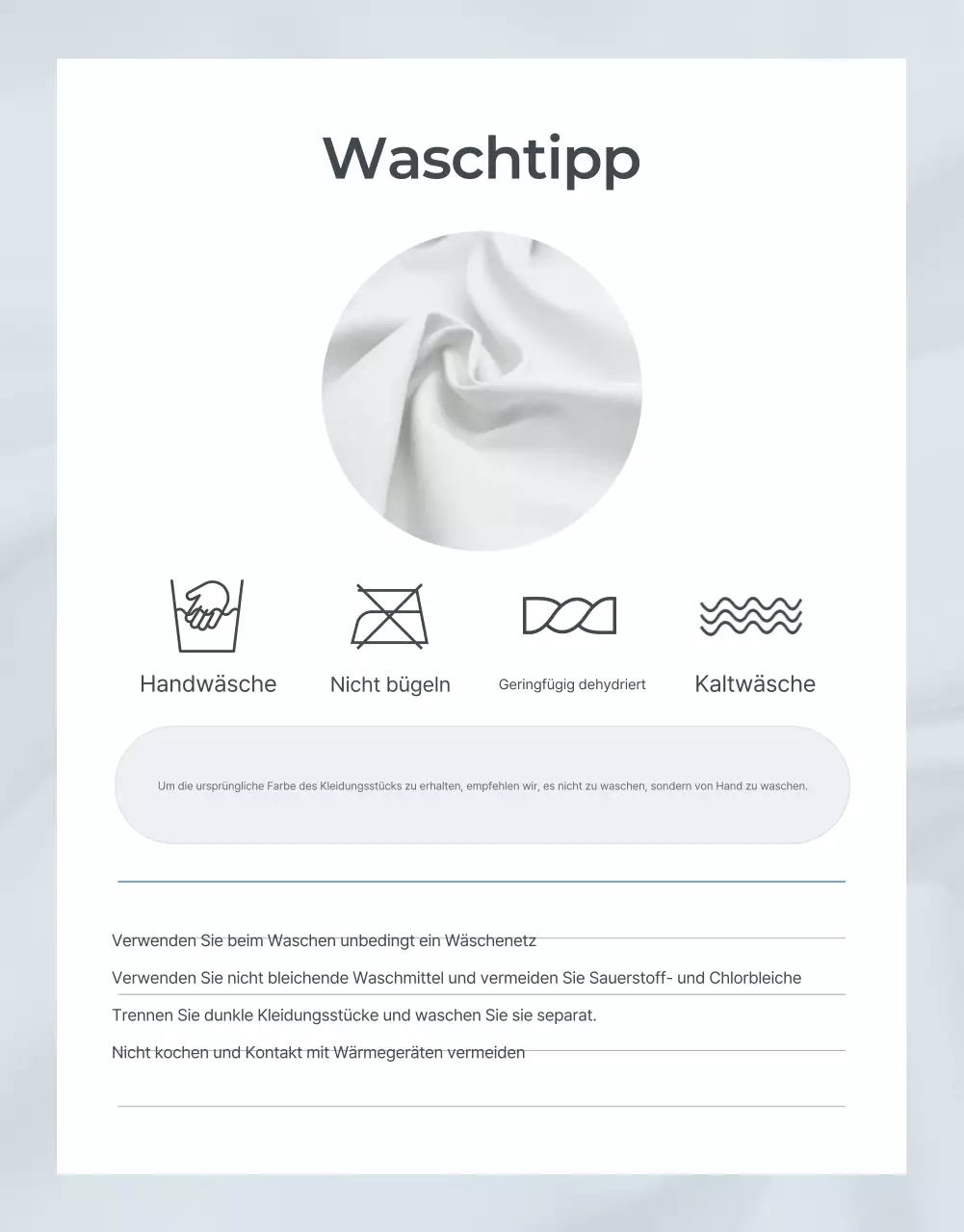 Werbung für eine minimalistische Modedetailseite in Hellblau und Grau