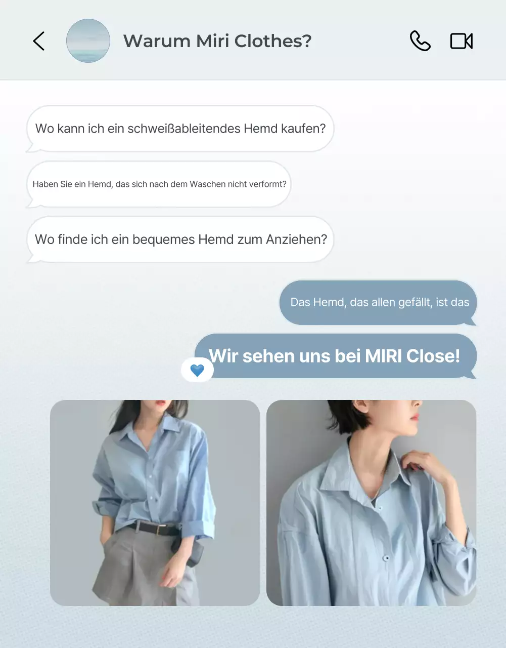 Werbung für eine minimalistische Modedetailseite in Hellblau und Grau