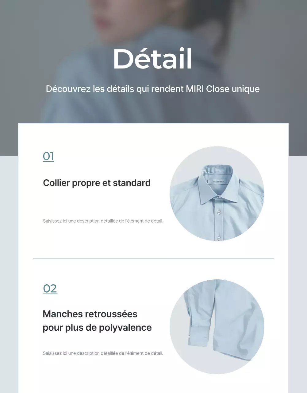 Promouvoir une page d'information minimaliste sur la mode en bleu clair et en gris