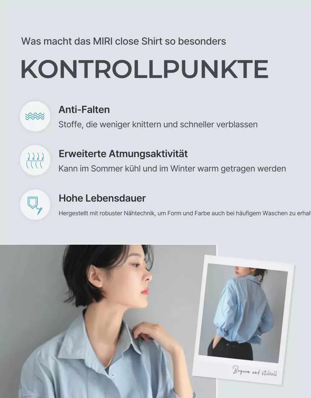 Werbung für eine minimalistische Modedetailseite in Hellblau und Grau
