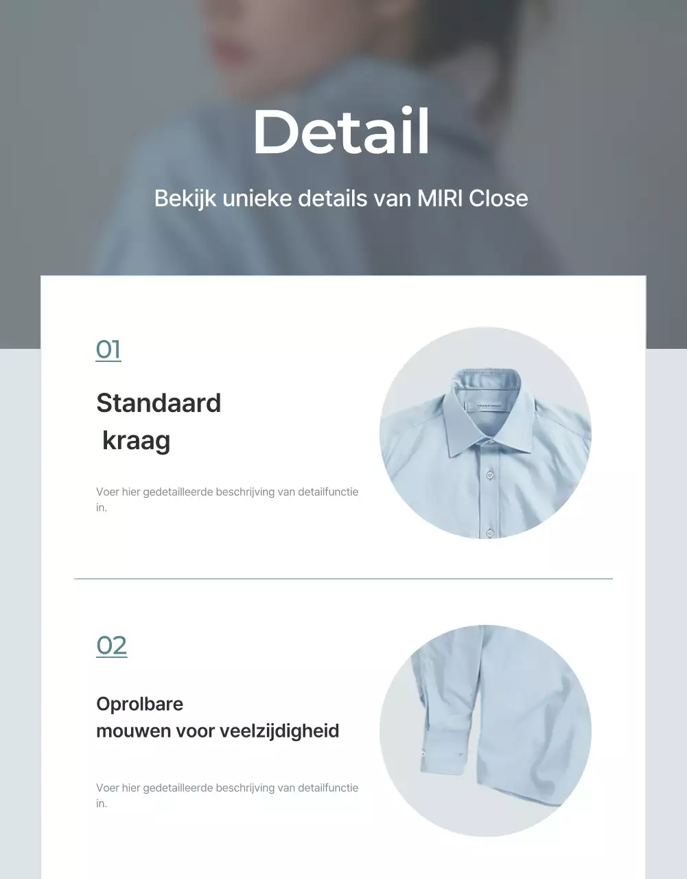 Promoot een minimalistische modepagina in lichtblauw en grijs