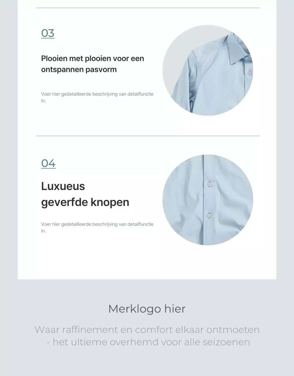 Promoot een minimalistische modepagina in lichtblauw en grijs