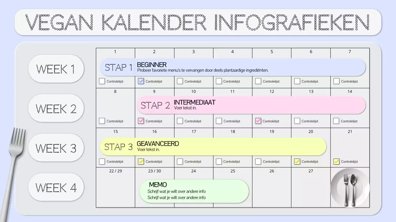 Een schone veganistische dieetkalender in lichtblauw en grijs