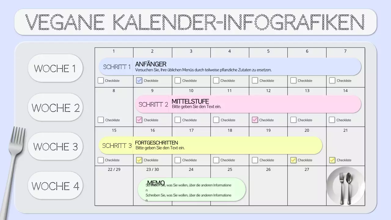 blauer und grauer Kalender für einfache vegane Ernährung